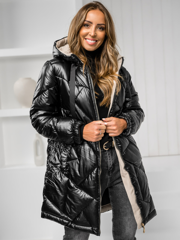 Women’s Longline Winter Quilted Jacket with hood Black Bolf 5M3189A