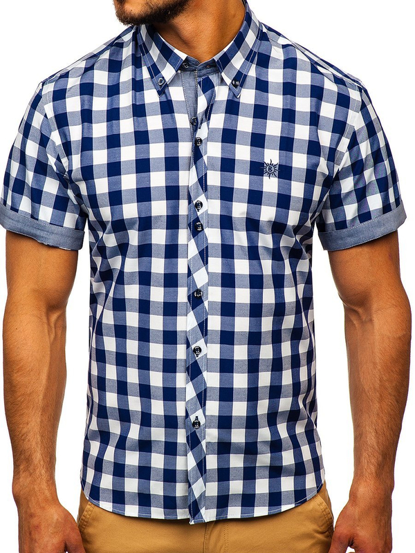 Men's Short Sleeve Checkered Shirt Navy Blue Bolf 6522