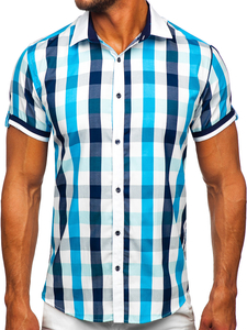 Men's Elegant Checkered Short Sleeve Shirt Turquoise Bolf 8901