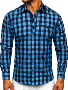 Men's Checkered Long Sleeve Shirt Navy Blue Bolf 19605