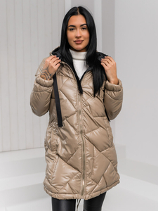 Women's Longline Quilted Winter Jacket with hood Beige Bolf 5M3189