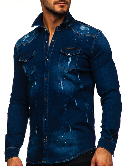Men's Denim Long Sleeve Shirt Navy Blue Bolf R801