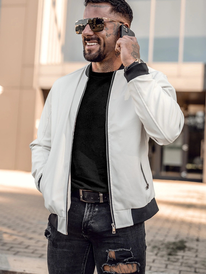 Men's Leather Bomber Jacket White Bolf 7110A2