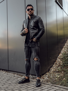 Men's Leather Biker Jacket Black Bolf 11Z8002