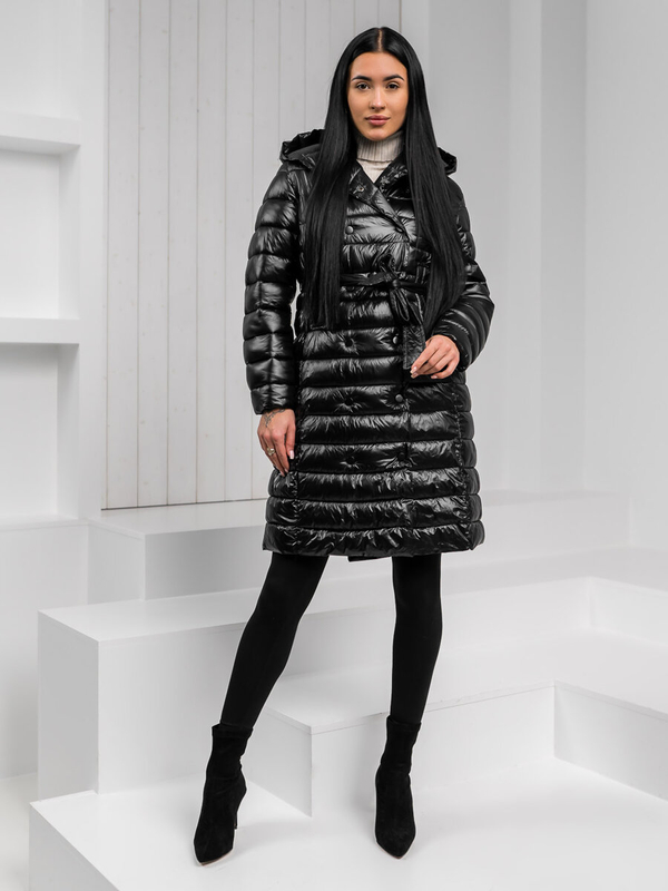 Women's Longline Quilted Winter Jacket with hood Black Bolf 5M3159A1