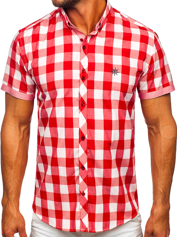 Men's Short Sleeve Checkered Shirt Red Bolf 6522