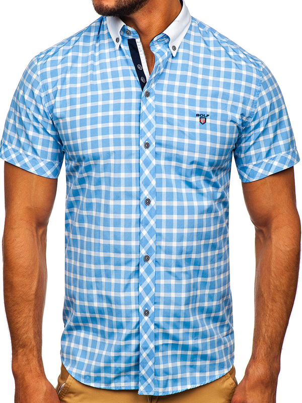 Men's Elegant Checked Short Sleeve Shirt Sky Blue Bolf 5531