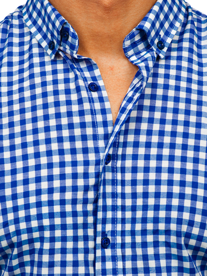 Men's Checkered Long Sleeve Vichy Shirt Navy Blue Bolf 22747