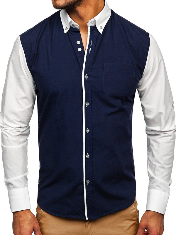 Men's Elegant Long Sleeve Shirt Navy Blue Bolf 6919