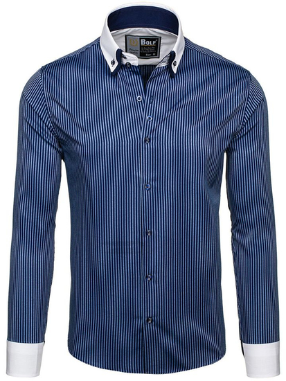 Men's Elegant Striped Long Sleeve Shirt Navy Blue Bolf 0909-A