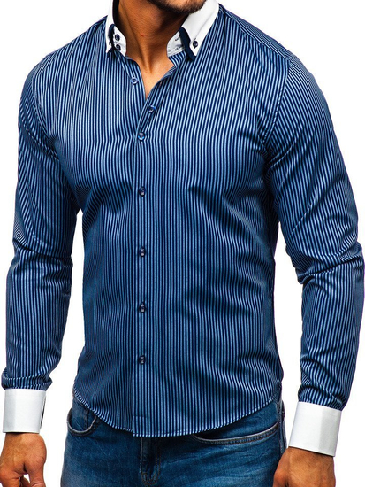 Men's Elegant Striped Long Sleeve Shirt Navy Blue Bolf 0909-A