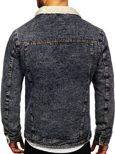 Men's Warm Denim Trucker Jacket with Furry Collar Graphite Bolf 1109