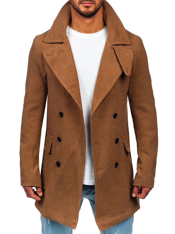 Men's Double-breasted Winter Coat with a High Collar Black Bolf 1048A