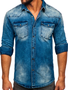 Men's Long Sleeve Denim Shirt Navy Blue Bolf MC710BS