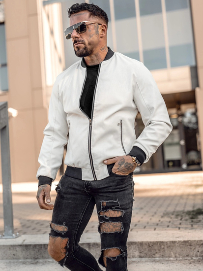 Men's Leather Bomber Jacket White Bolf 7110A2