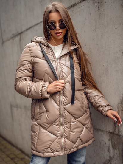 Women's Longline Quilted Winter Jacket with hood Camel Bolf 5M3189