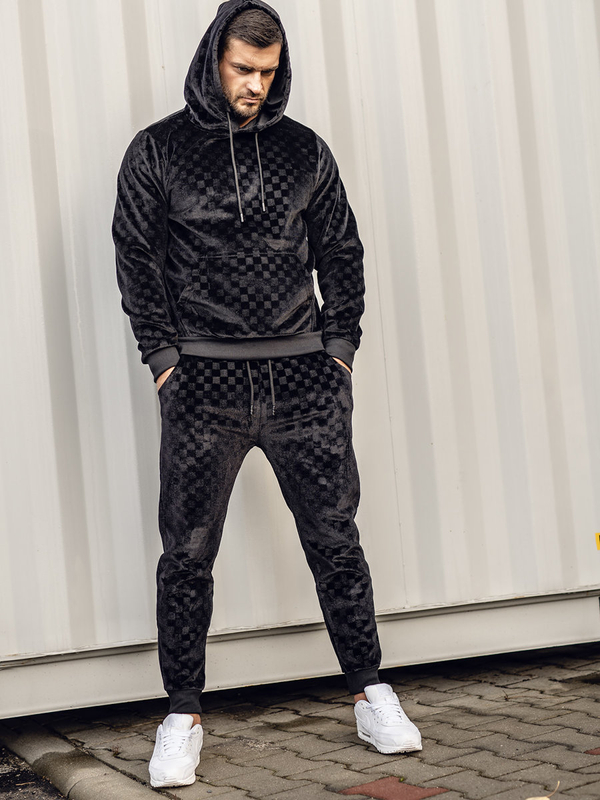 Men's Velour Tracksuit with Hood Black Bolf 3A82