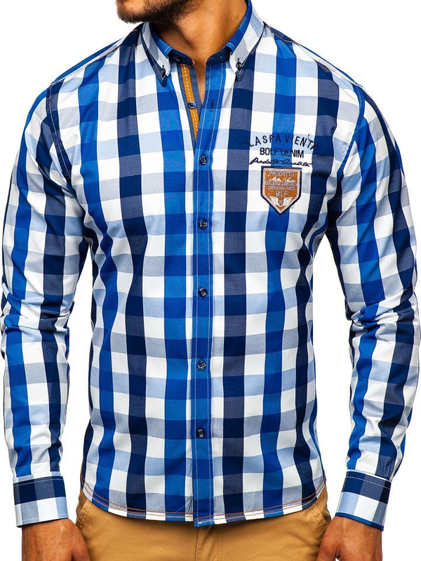 Men's Checkered Long Sleeve Shirt Blue Bolf 1766-1