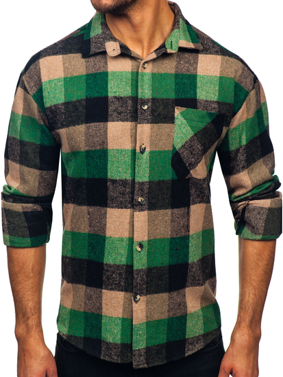 Men’s Checkered Long Sleeve Flannel Shirt Green Bolf 2025-1
