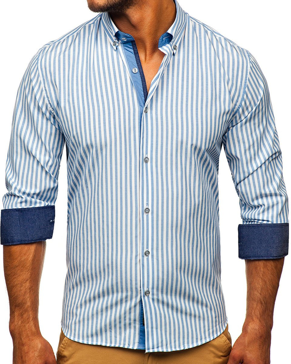 Men's Striped Long Sleeve Shirt Navy Blue Bolf 20704