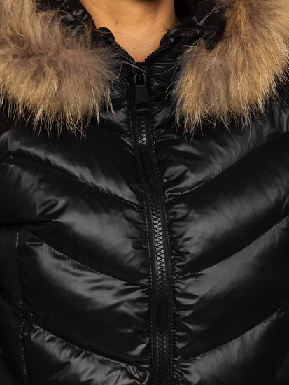 Women's Longline Quilted Winter Coat Jacket with Natural Fur Black Bolf M699