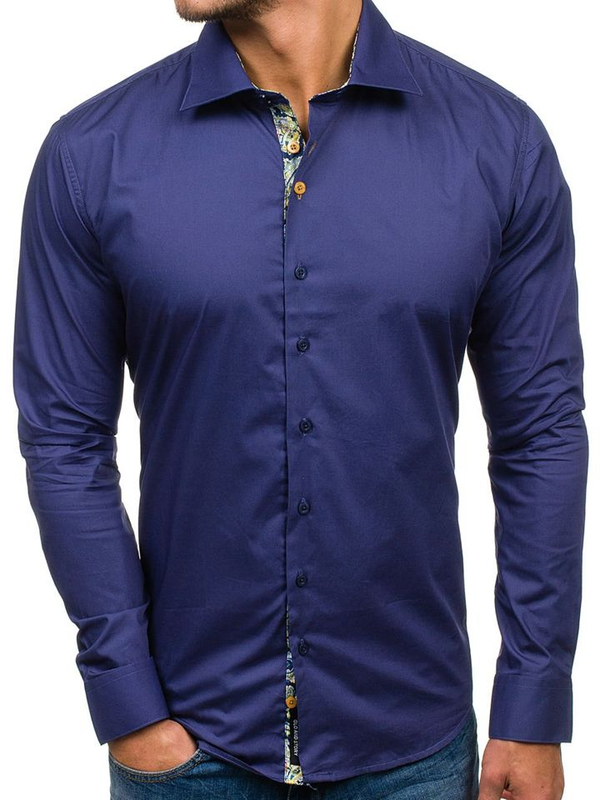 Men's Elegant Long Sleeve Shirt Navy Blue Bolf 9983
