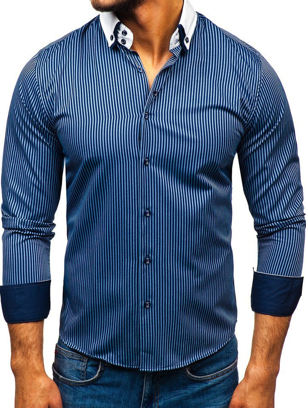 Men's Elegant Striped Long Sleeve Shirt Navy Blue Bolf 0909-A