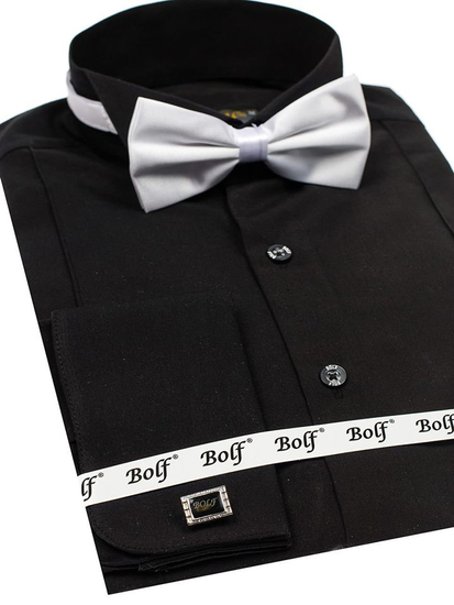 Men's Elegant Long Sleeve Shirt Bow Tie + Cufflinks Black Bolf 4702