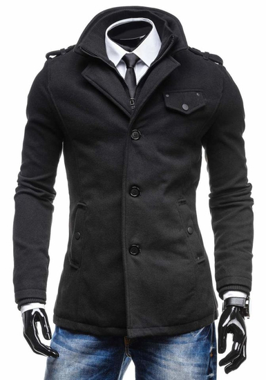 Men's Single-Breasted High Collar Coat Black Bolf 8853C