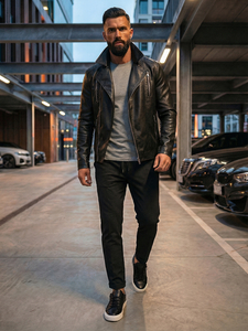 Men's Leather Biker Jacket Black Bolf 11Z8056