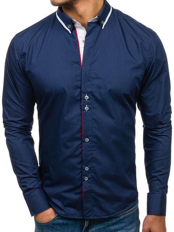 Men's Elegant Long Sleeve Shirt Navy Blue Bolf 6857