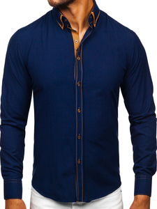 Men's Elegant Long Sleeve Shirt Navy Blue Bolf 3703