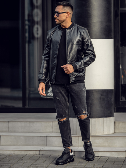 Men's Leather Bomber Jacket Black Bolf 6803B