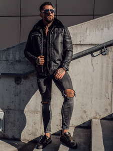 Men's Leather Biker Jacket with Fur Black Bolf 11Z8013