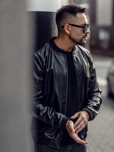 Men's Leather Bomber Jacket Black Bolf 6803B