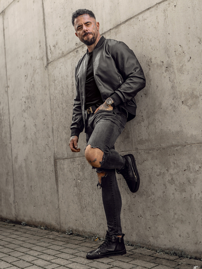 Men's Leather Bomber Jacket Black Bolf 3A65A